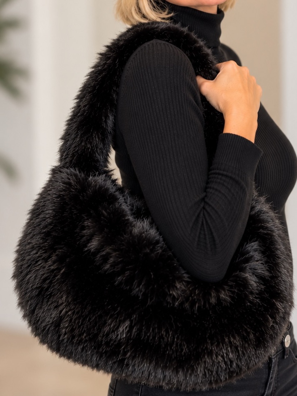 NEW: Black Faux Fur Shoulder Bag